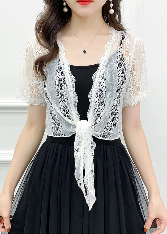 White Solid Hollow Out Lace Cardigan V Neck Short Sleeve