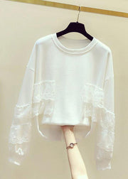 White Solid Lace Patchwork Sweatshirts O Neck Spring