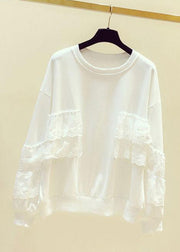 White Solid Lace Patchwork Sweatshirts O Neck Spring