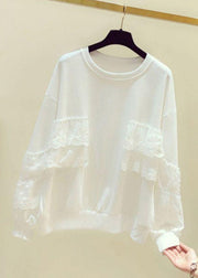 White Solid Lace Patchwork Sweatshirts O Neck Spring