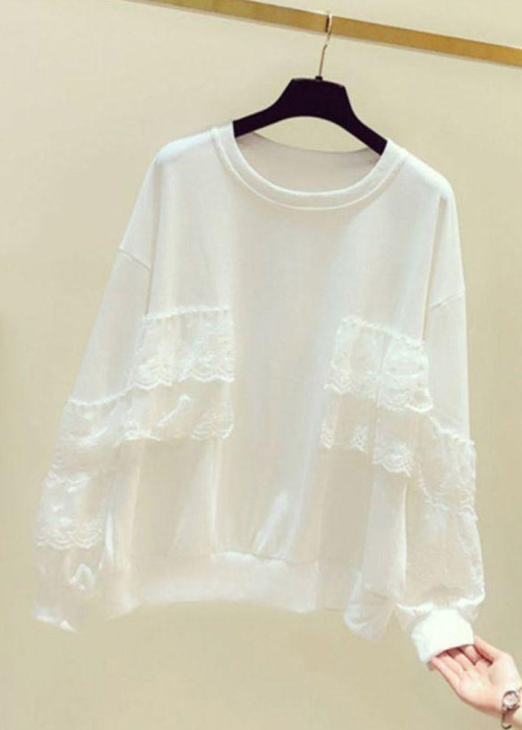 White Solid Lace Patchwork Sweatshirts O Neck Spring