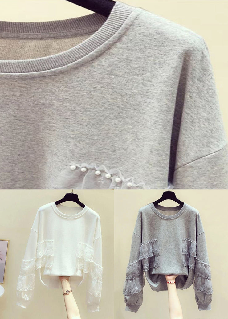 White Solid Lace Patchwork Sweatshirts O Neck Spring