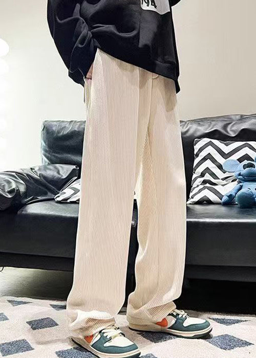 White Solid Loose Warm Fleece Corduroy Men Pants Elastic Waist Spring