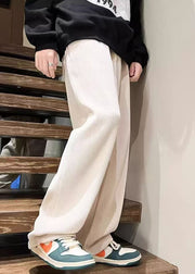 White Solid Loose Warm Fleece Corduroy Men Pants Elastic Waist Spring