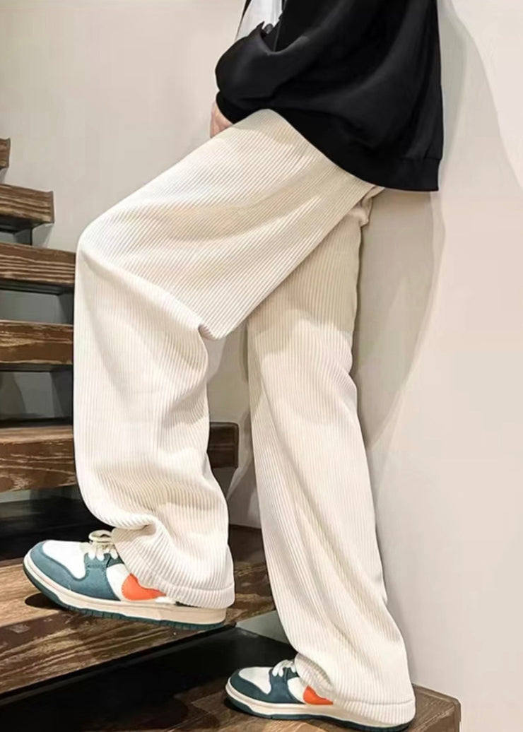 White Solid Loose Warm Fleece Corduroy Men Pants Elastic Waist Spring