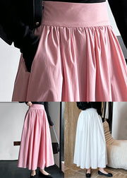 White Solid Pockets Cotton Pleated Skirt High Waist