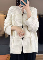 White Solid Woolen Knit Coat O-Neck Long Sleeve