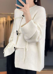 White Solid Woolen Knit Coat O-Neck Long Sleeve