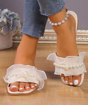 White Splicing Slide Sandals Ruffled Nail Bead Peep Toe