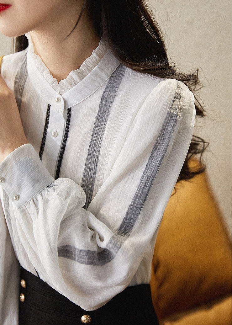 White Stand Collar Button Chiffon Shirts Long Sleeve