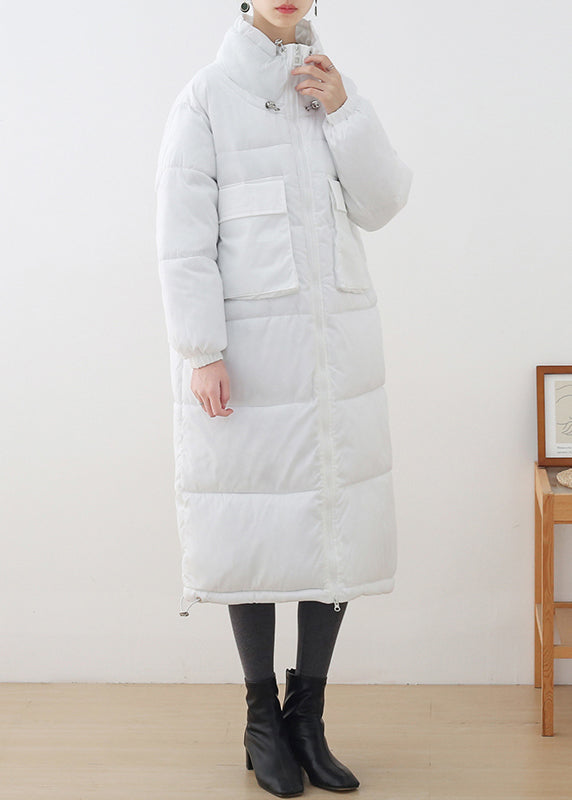 White Stand Collar Drawstring Thick Long Parka Winter