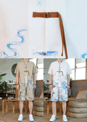 White Stand Collar Mens Ice Silk Shirt And Shorts Two Pieces Set Summer