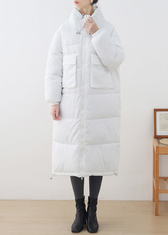 White Stand Collar Zippered Drawstring Thick Parka Long Sleeve