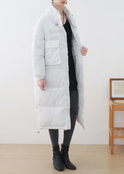 White Stand Collar Zippered Drawstring Thick Parka Long Sleeve