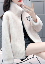 White Stand Collar Zippered Faux Fur Coats Winter