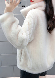 White Stand Collar Zippered Faux Fur Coats Winter