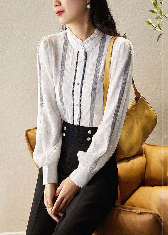 White Striped Silk Shirt Top Stand Collar Ruffled Long Sleeve