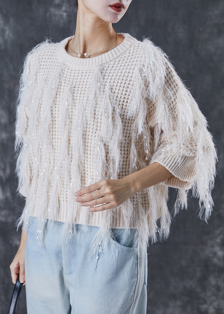 White Thick Knit Sweaters Tasseled Sequins Winter