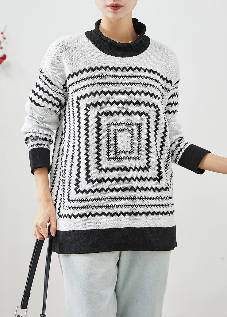 White Thick Knit Tops Oversized Print Winter