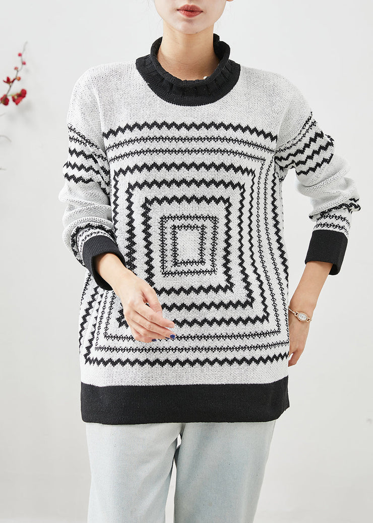 White Thick Knit Tops Oversized Print Winter