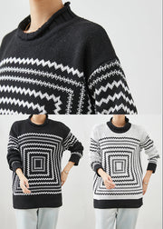 White Thick Knit Tops Oversized Print Winter