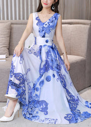 White Tie Waist Slim Chiffon Maxi Dress Sleeveless