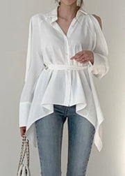 White Tie Waist Tunic Shirts Long Sleeve