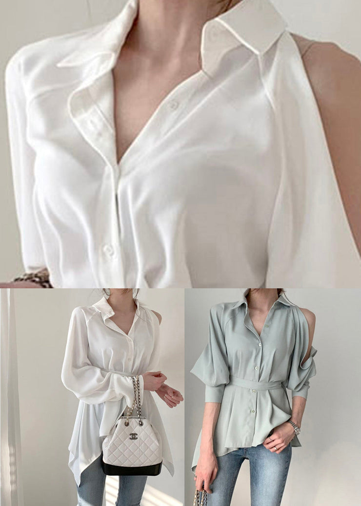 White Tie Waist Tunic Shirts Long Sleeve