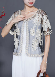 White Tulle Cardigan Sequins Embroidered Summer