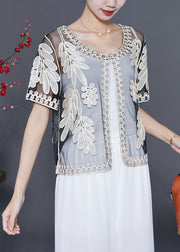 White Tulle Cardigan Sequins Embroidered Summer