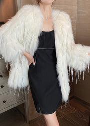 White Warm Faux Fur Coats Tasseled Winter