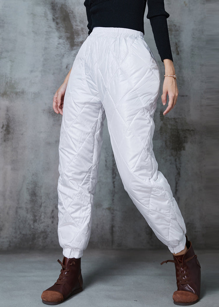 White Warm Fine Cotton Filled Pants Elastic Waist Winter