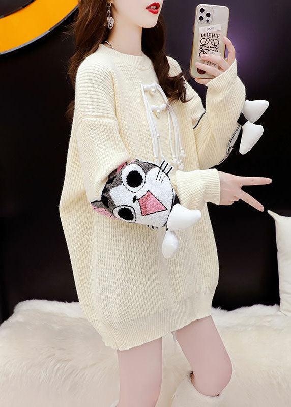 White Warm Knit Long Sweater Tassel Jacquard Winter