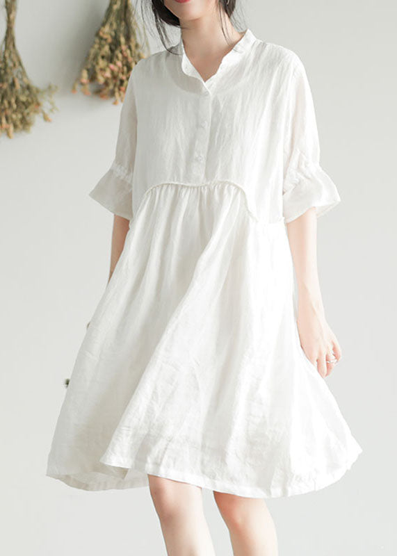 White Wrinkled Button Solid Ramie Mid Dress Half Sleeve