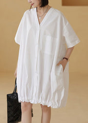 White Wrinkled Pockets Cotton Blouses Mid Dress V Neck Summer