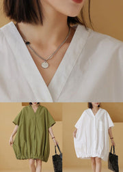 White Wrinkled Pockets Cotton Blouses Mid Dress V Neck Summer