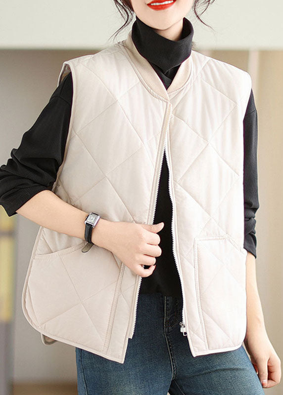 White Zippered Plaid Cozy Parka Sleeveless