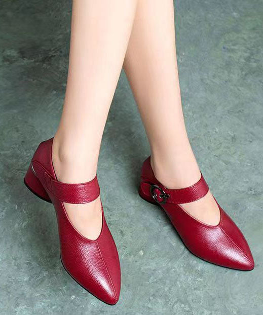 Wine Red Buckle Strap Splicing Chunky Heel Faux Leather Pointed Toe