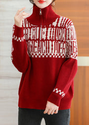 Wine Red Cozy Patchwork Wool Knit Top Zip Up Long Sleeve