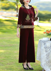 Wine Red Drawstring Silk Velour Pullover And Wide Leg Pants Two Pieces Set Long Sleeve