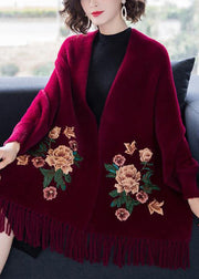 Wine Red Embroidered Tasseled Patchwork Mink Velvet Cardigans V Neck Long Sleeve