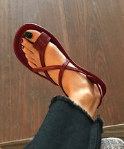 Wine Red Faux Leather Splicing Hollow Out Thong Sandals