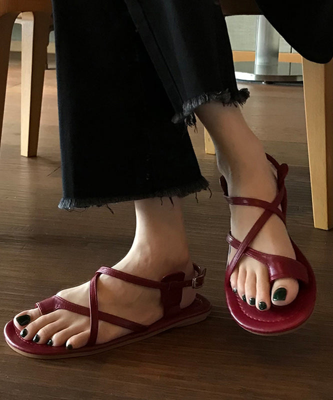 Wine Red Faux Leather Splicing Hollow Out Thong Sandals