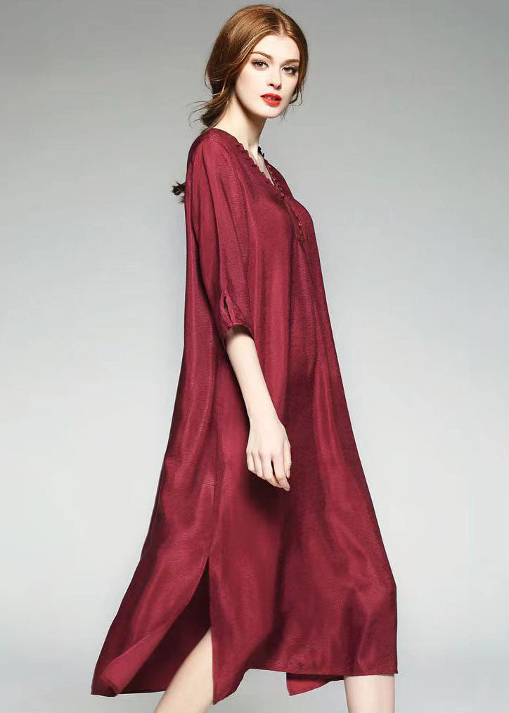 Wine Red Patchwork Silk Dress V Neck Side Open Bracelet Sleeve