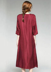 Wine Red Patchwork Silk Dress V Neck Side Open Bracelet Sleeve