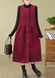 Wine Red Pockets Patchwork Corduroy Long Dresses O Neck Fall