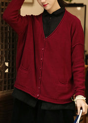 Wine Red Pockets Patchwork Knit Cardigans V Neck Long Sleeve