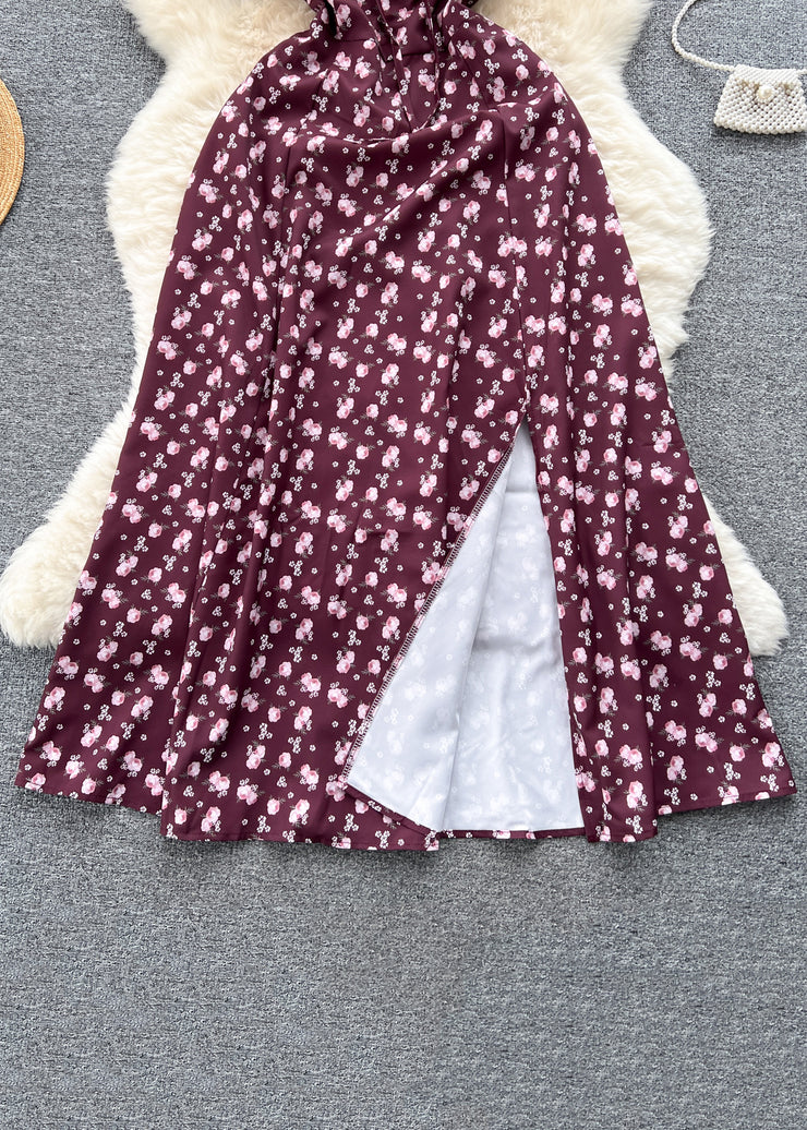 Wine Red Print Cotton Long Dresses Square Collar Short Sleeve