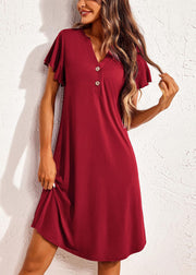 Wine Red Solid Cotton Summer Pajamas Dresses V Neck