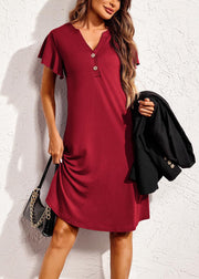 Wine Red Solid Cotton Summer Pajamas Dresses V Neck